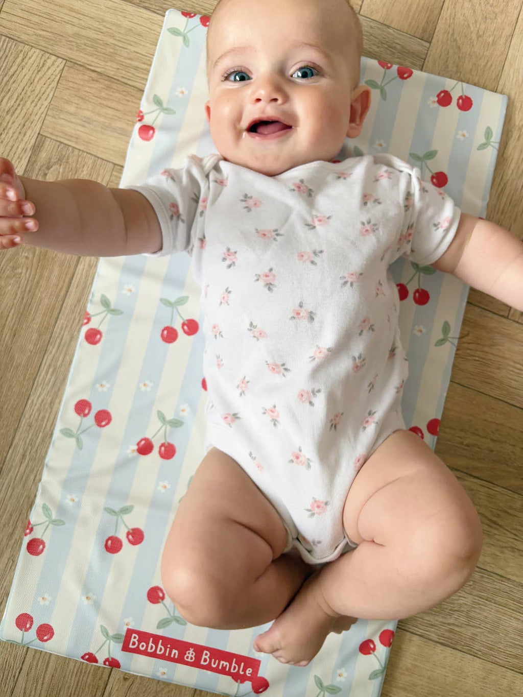 Travel Baby Changing Mat – Cherry Stripe | Handmade UK