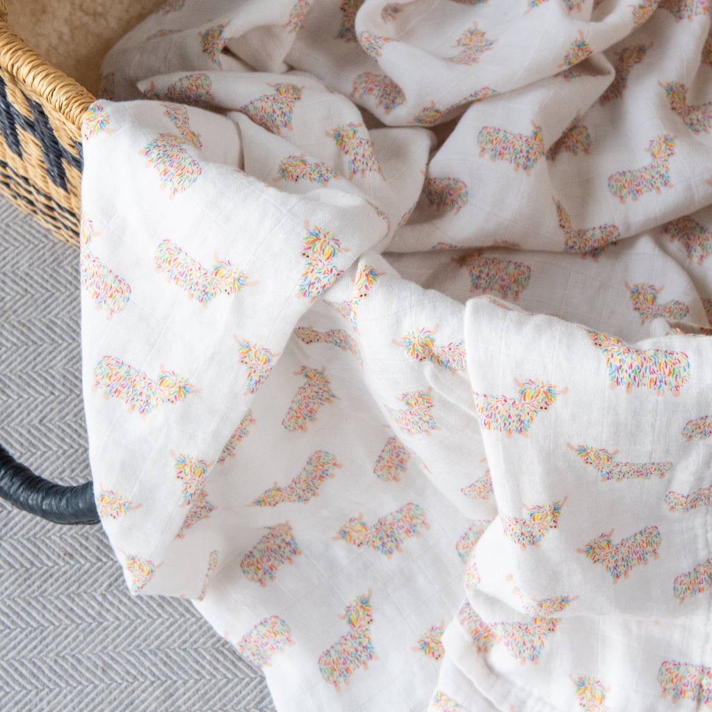 Highland Cow Baby Muslin Swaddle | 120cm x 110cm