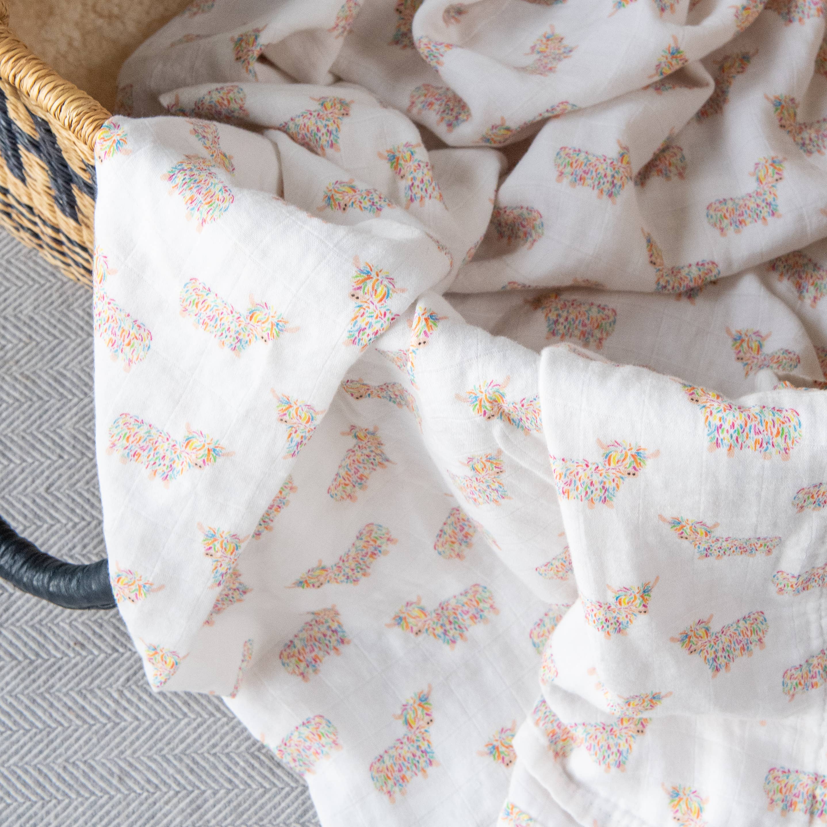 Highland Cow Baby Muslin Swaddle | 120cm x 110cm