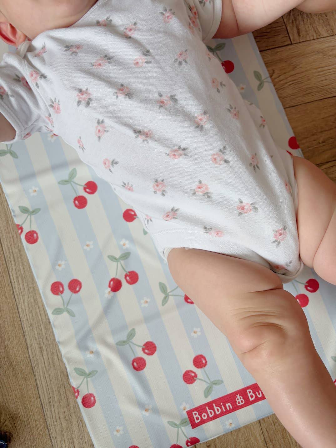 Travel Baby Changing Mat – Cherry Stripe | Handmade UK