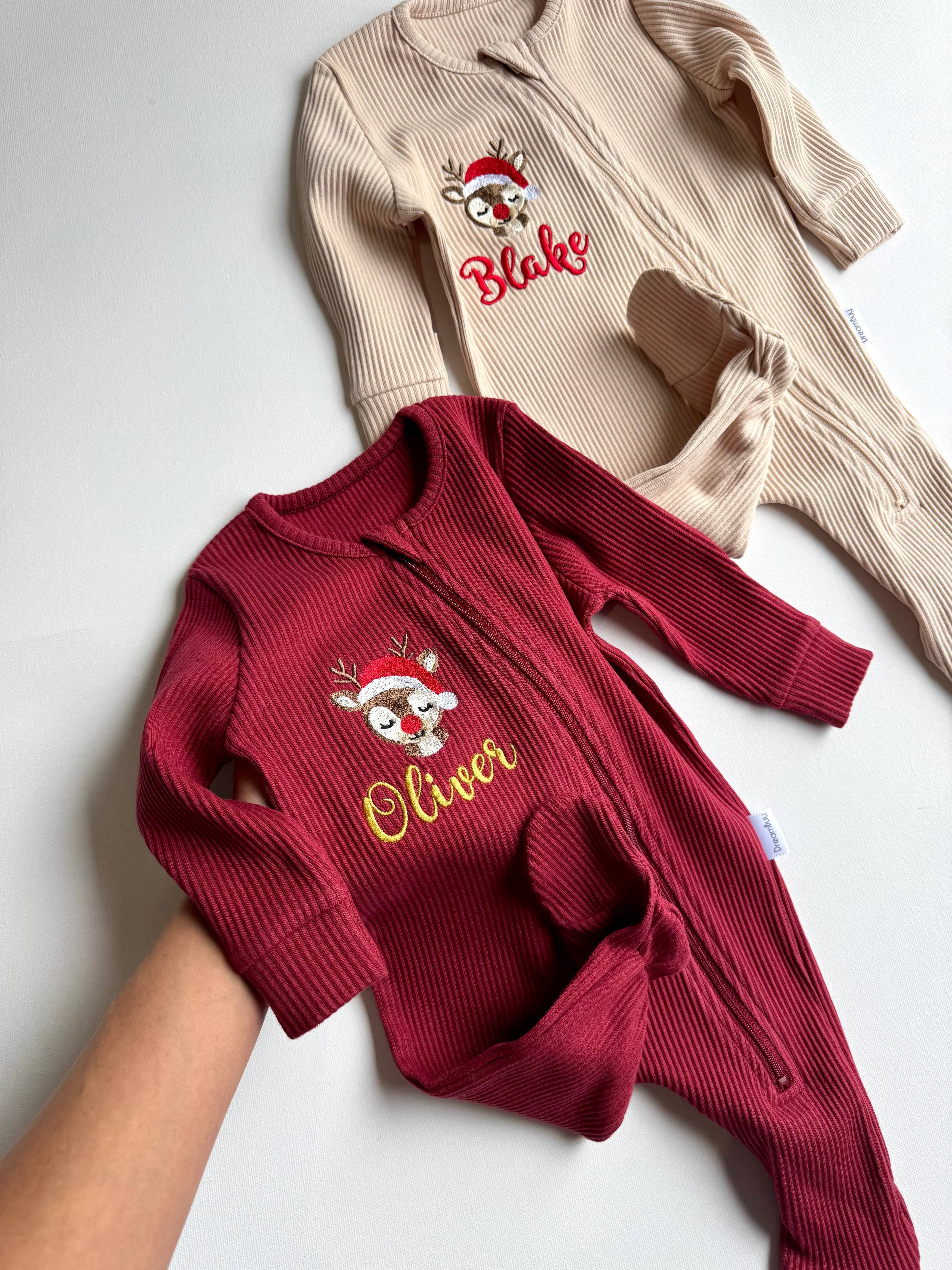 Christmas Baby Reindeer Zip Sleepsuit Personalised Baby GIft: Claret Red / 3-6 months