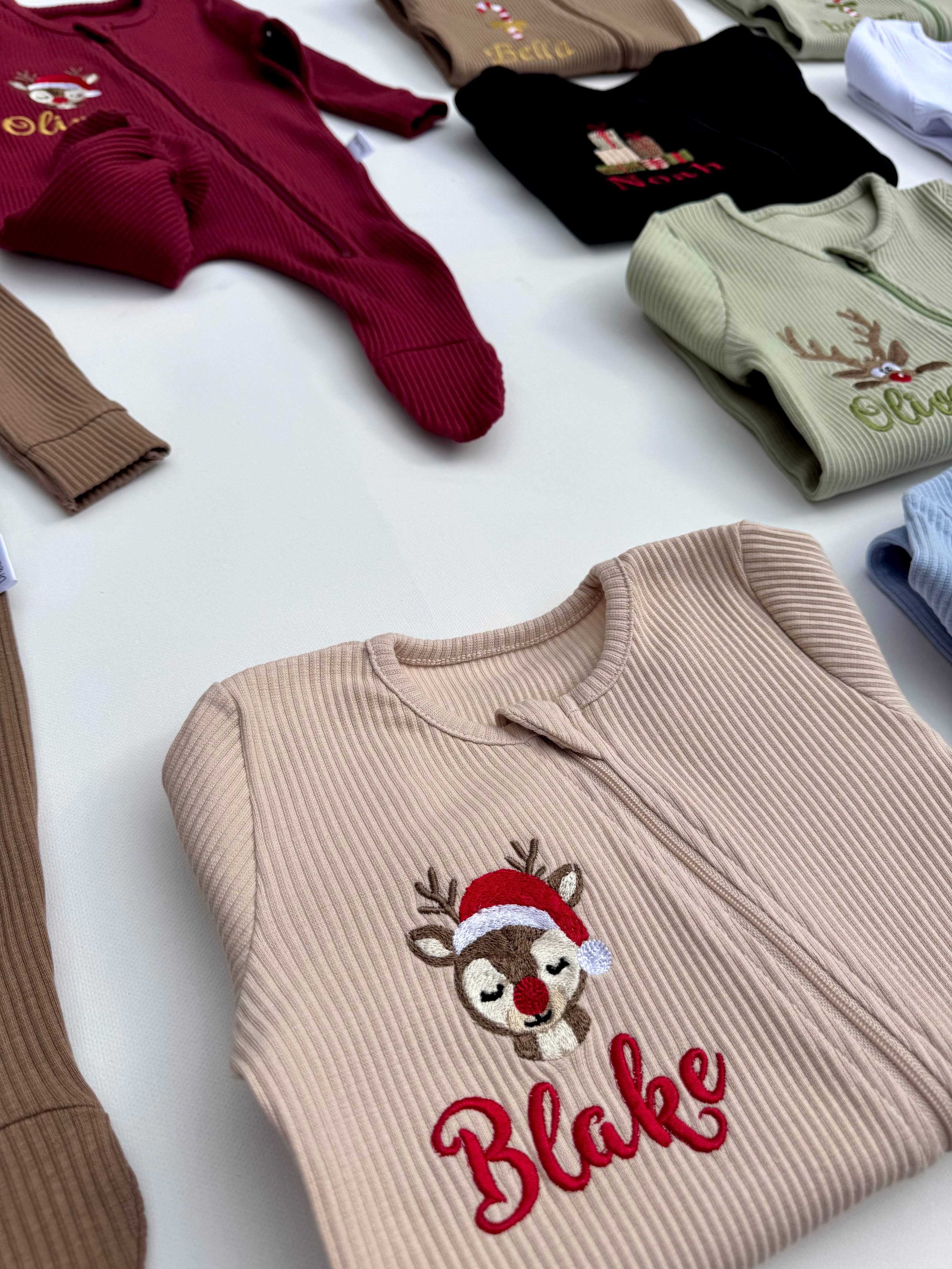 Christmas Baby Reindeer Zip Sleepsuit Personalised Baby GIft: Claret Red / 3-6 months